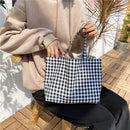 Women Portable Cloth Shopping Handbag Tote Plaid Food Picnic Bags (Black)