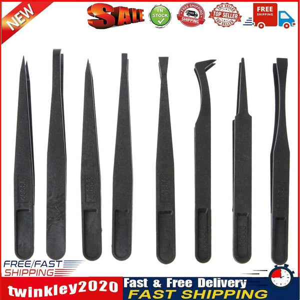 8pcs Portable Black Anti-static Plastic Tweezer Heat Resistant Repair Tool Newly