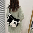 Women Plush Cow Pattern Dumpling Bags Winter Zipper Crossbody Bag (Black)
