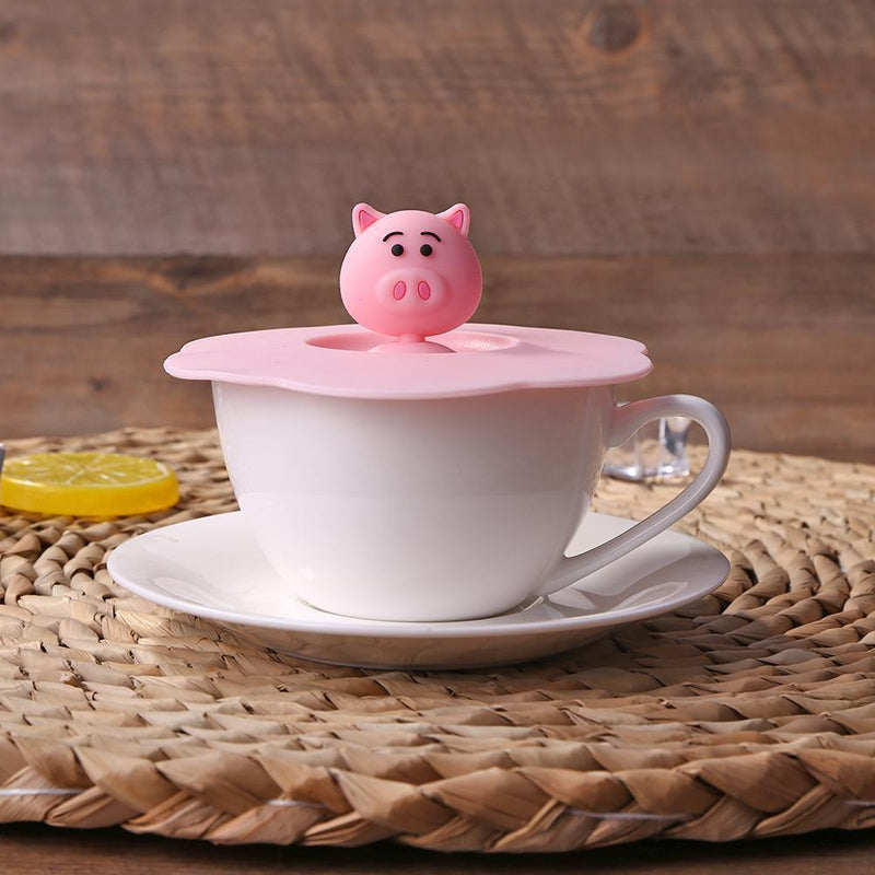 5pcs Silicone Cup Cover Heat-resistant Leak Proof Cartoon (Pink Pig Head)