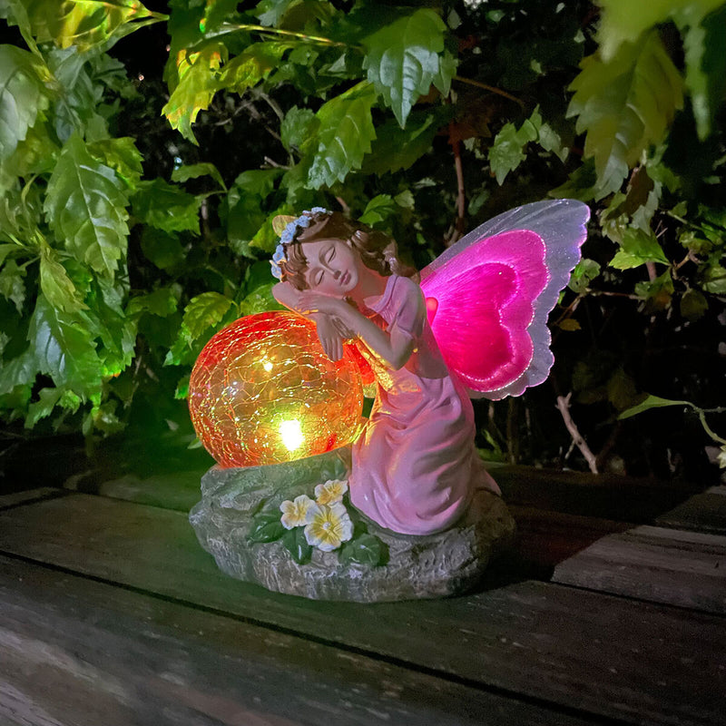 Garden Fairy Statue Waterproof Outdoor Sculpture with Solar Lights (Red) Newly