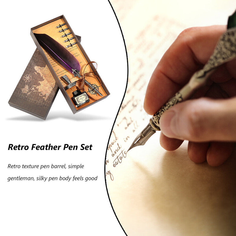 Retro Calligraphy Feather Dip Pen Writing Ink Set Stationery Quill Fountain