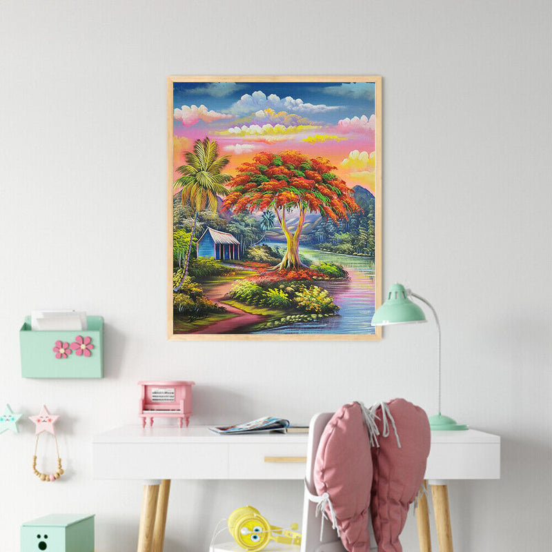 Quirky Tree Hut Oil Paint By Numbers Kit Frameless Drawing Picture Wall Decor
