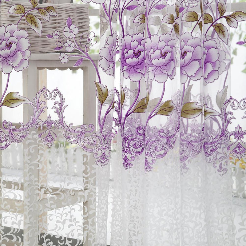 2PCS Peony Curtain Living Room Bedroom Home Door Window Curtain (Purple)
