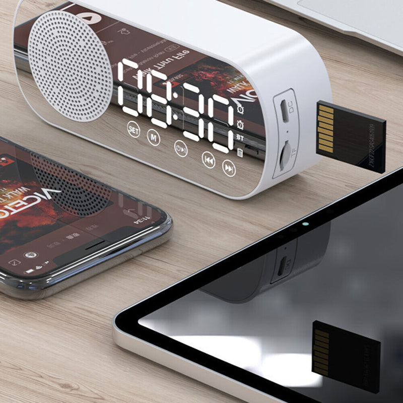 #A Wireless Bluetooth Alarm Clock Speaker Mirror Surface Clock LED Screen Music