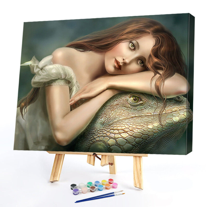Girl and Lizard Oil Paint By Number Kit DIY Acrylic Painting on Canvas Fram