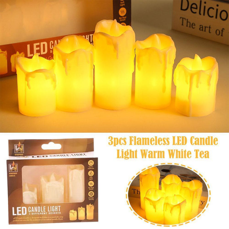 3 Pcs Battery Power LED Flameless Flickering Wax Candles | Pillar Home Decor_
