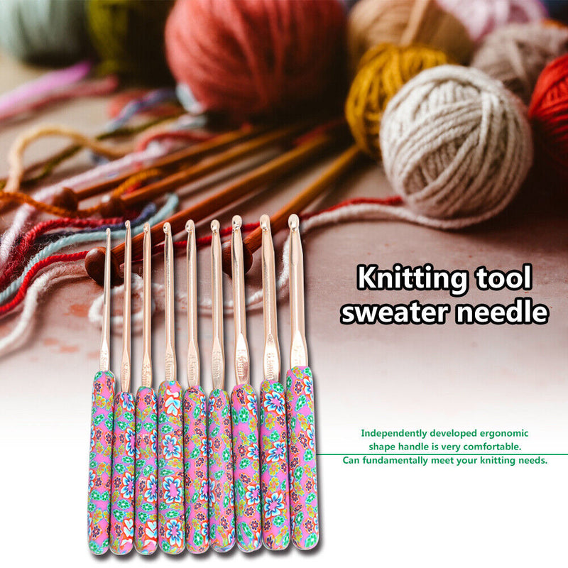 9pcs Aluminum Crochet Hooks Set Ceramic Handle Knitting Needles DIY Sewing