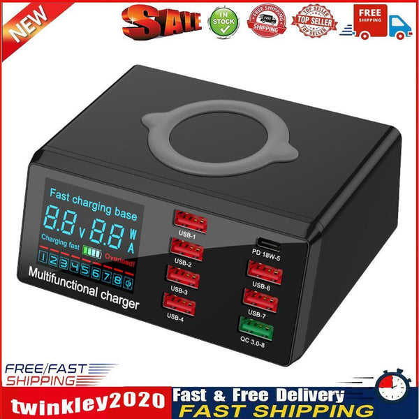 X9 8 Port USB Charger Hub Wireless Charger PD QC3.0 Charging Station (EU) Newly