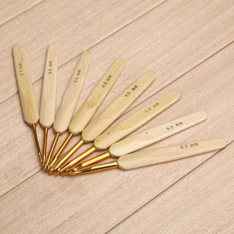 8pcs 8 sizes Bamboo handle Golden Aluminum Crochet Hooks Needles 2.5mm-6mm Newly