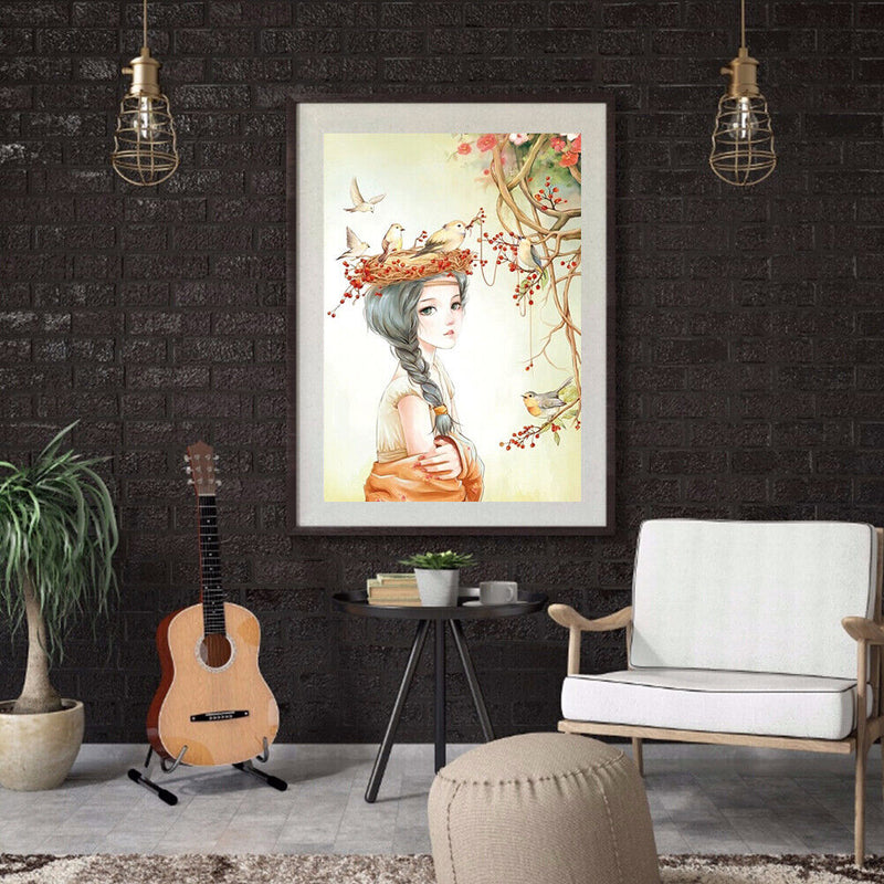 DIY Digital Oil Painting Kit Girl with Birds Abstract Acrylic Paint by Numbers
