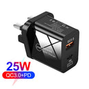 25W QC3.0+PD Dual Port Type-C Phone Fast Charger Charge Adapter (UK Black) Newly