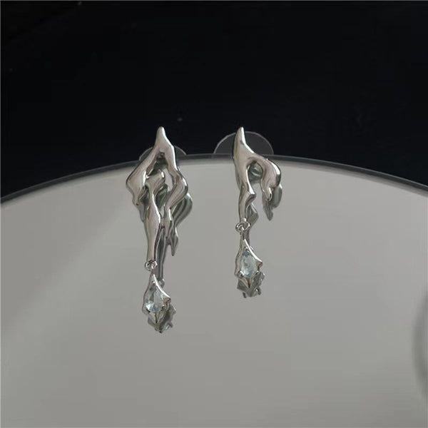 Woman Man Irregular Asymmetrical Cool Geometric Earrings Zircon Liquid Metal