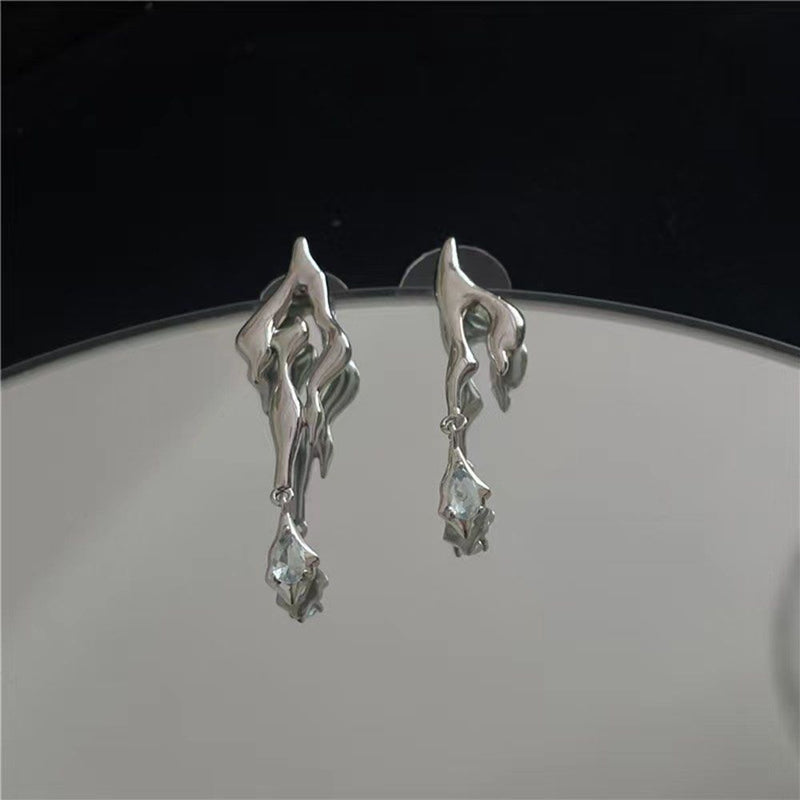 Woman Man Irregular Asymmetrical Cool Geometric Earrings Zircon Liquid Metal