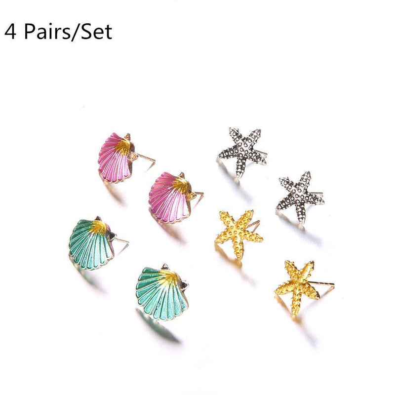 Women Jewelry Fashion Accessories 4 Pairs/Set Stud Earrings Shell Starfish