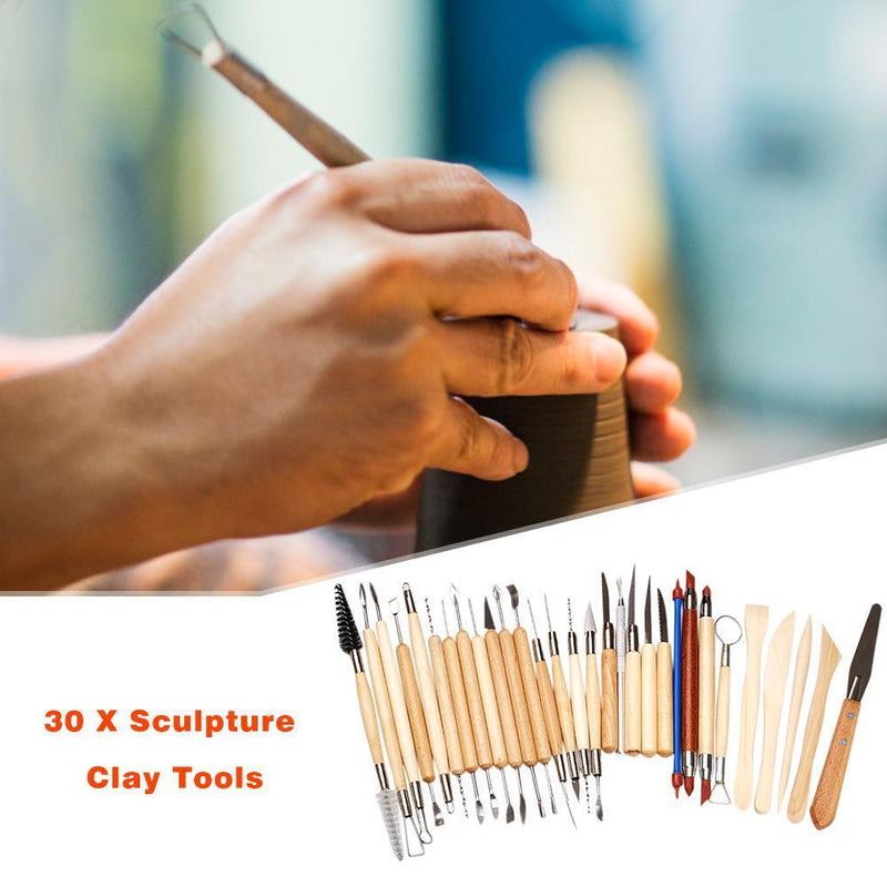 30pcs DIY Clay Pottery Crafts Sculpting Kit Ceramics Wooden Handle Modeling Tool