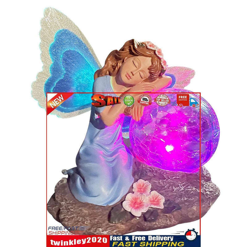 Garden Fairy Statue Waterproof Outdoor Sculpture with Solar Lights (Blue) Newly