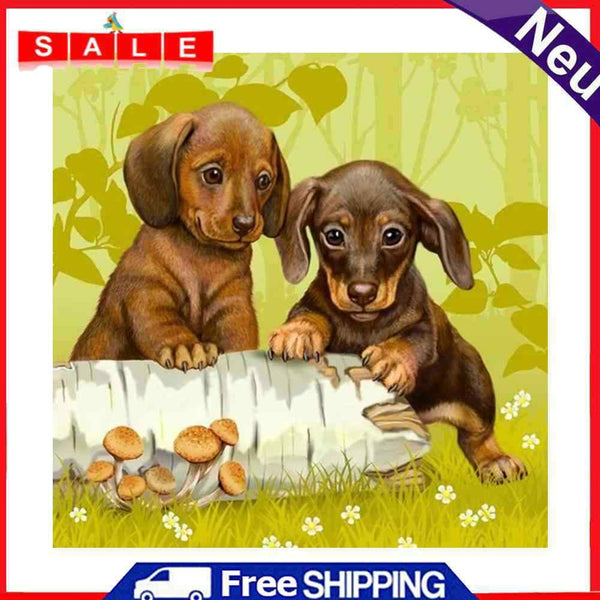 5D DIY Two Puppies Full Round Drill Mosaic Diamond Painting Kit Wall Rhinestone