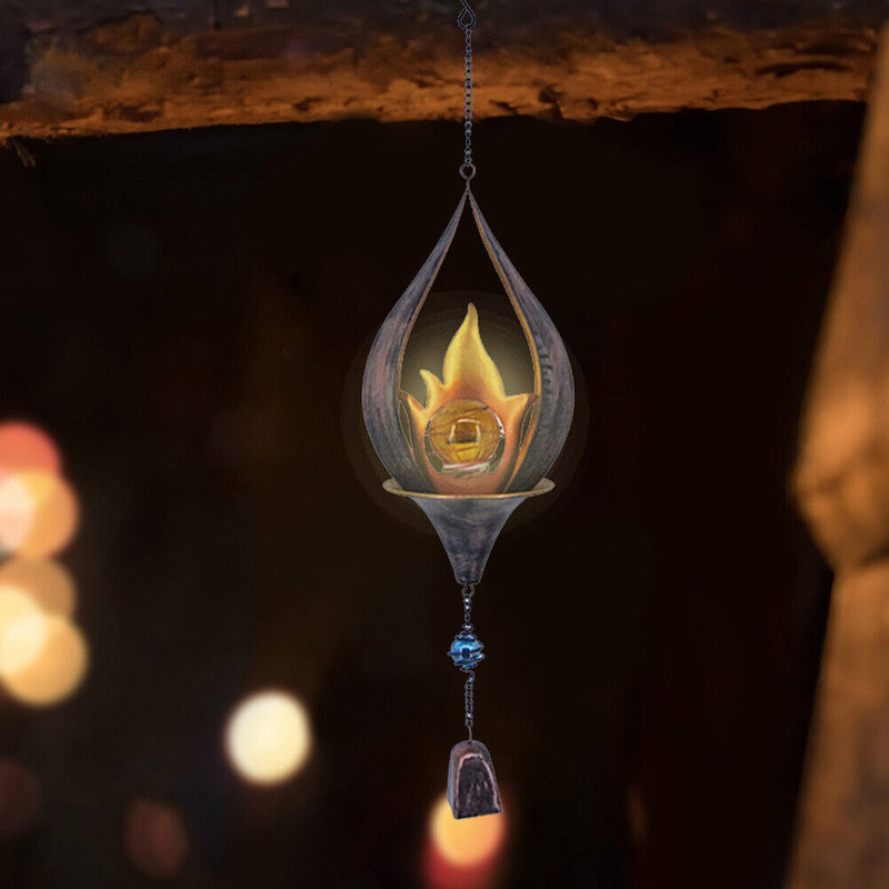 Metal Iron Art Solar Powered Flame LED Lights Hanging Wind Chimes Windows Decor