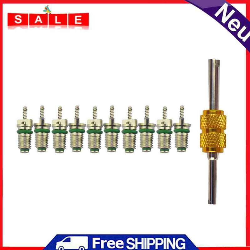 10pcs R134a Car A/C Valve Cores Air Conditioning Valve Cores Green + Tool