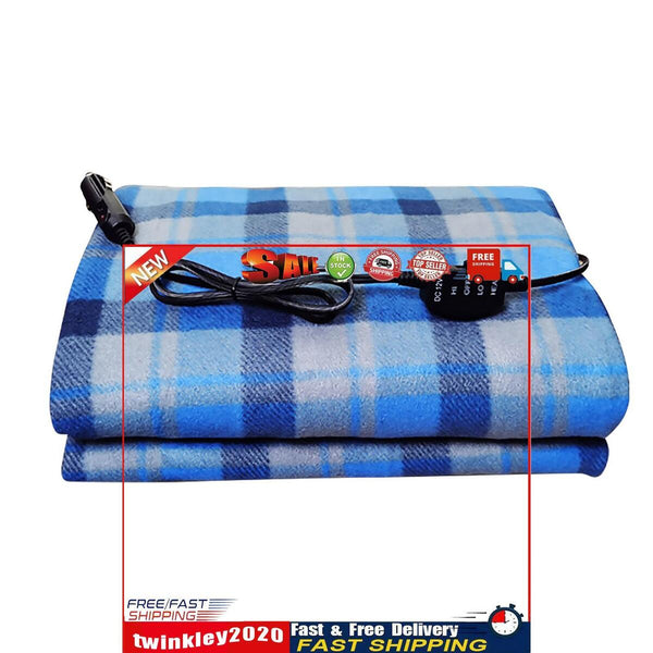 Electric Car Blanket - 12V Heated Travel Blanket - Unwashable (Blue Plaid) Newly