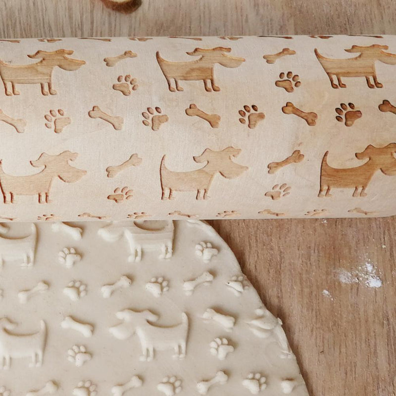Dog Bone Engraved Embossing Wood Rolling Pin for DIY Baking Cookies Noodle