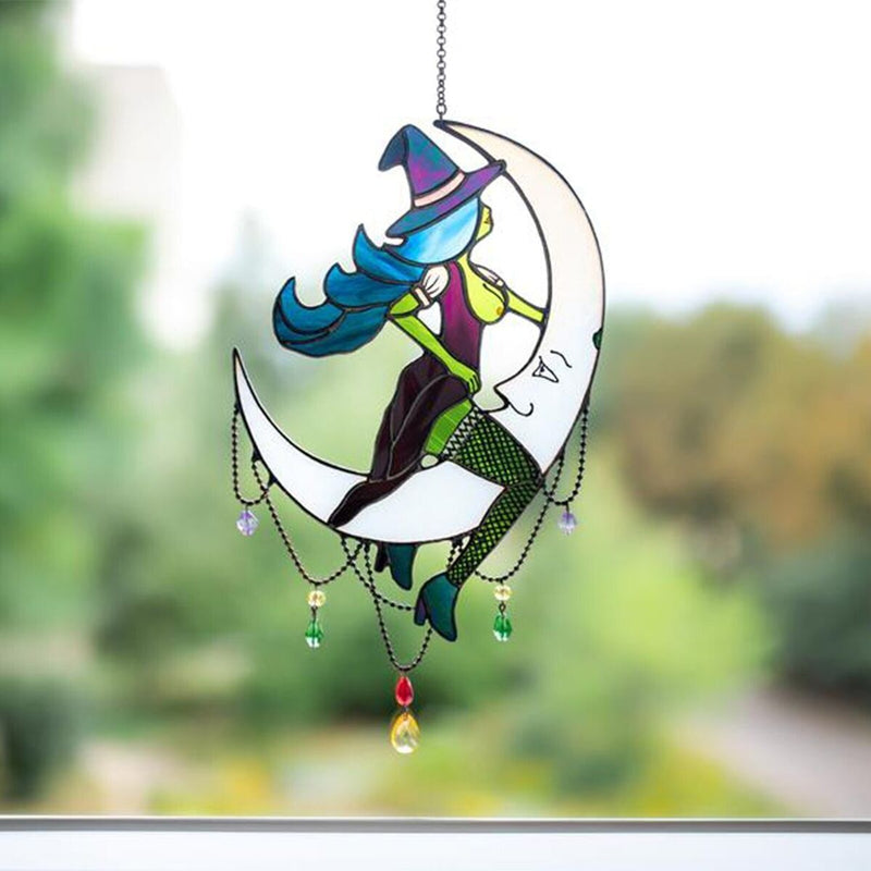 Stained Glass Halloween Witch On Moon Suncatcher Window Hangings Art Decoration