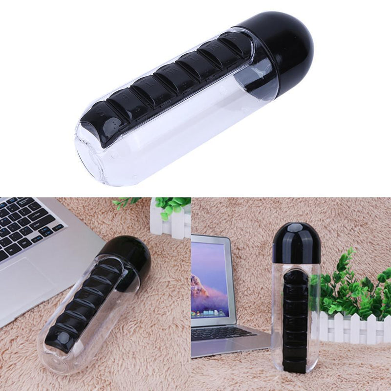 600ML Plastic 2 In 1 Combine Daily Pill Box Drinking Bottles Cups(Black)