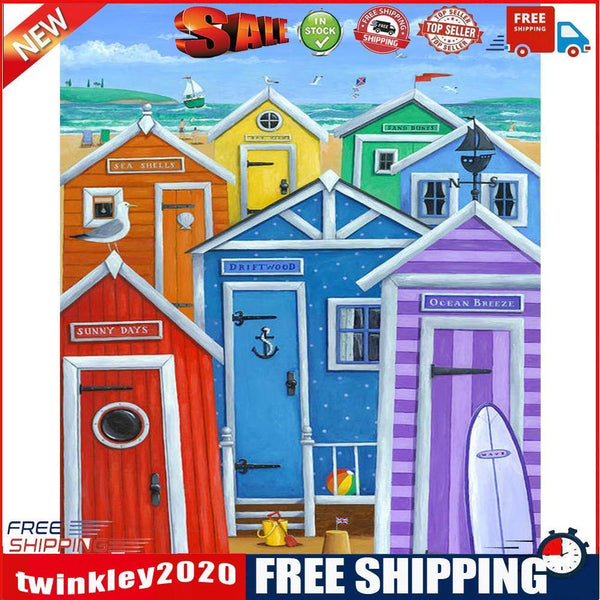 Frameless Oil Paint By Numbers Sea Colorful House DIY Canvas Picture Craft