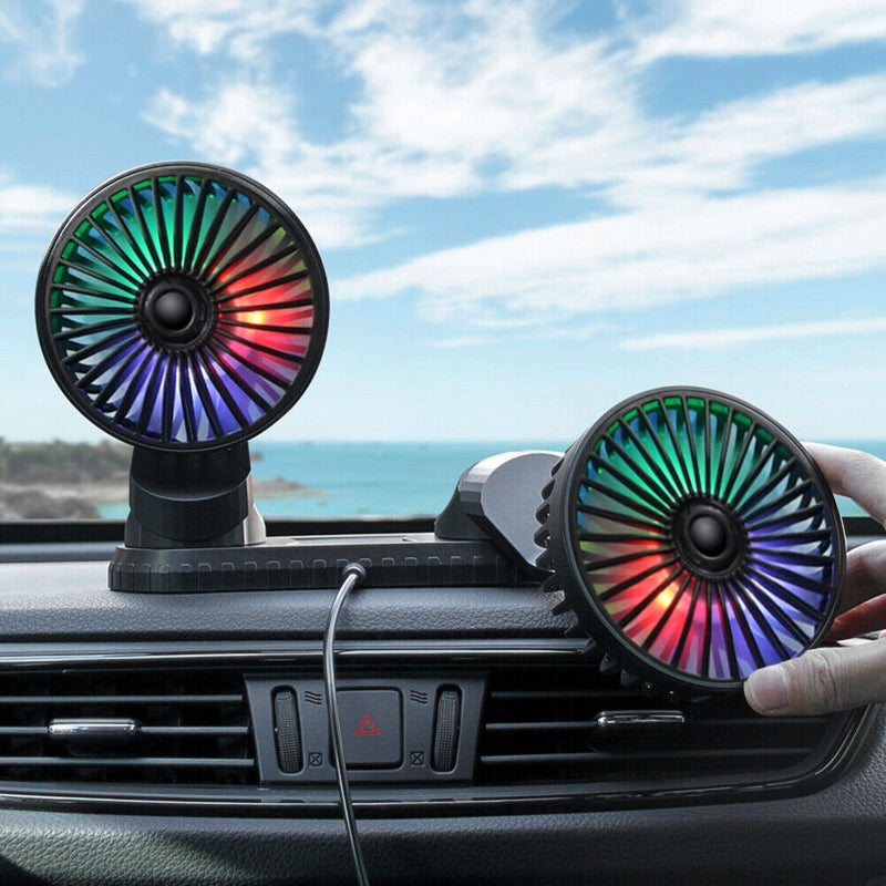 F404D Car Fan USB Dual Head Dashboard Fan with LED Lights for 12V 24V Truck SUV