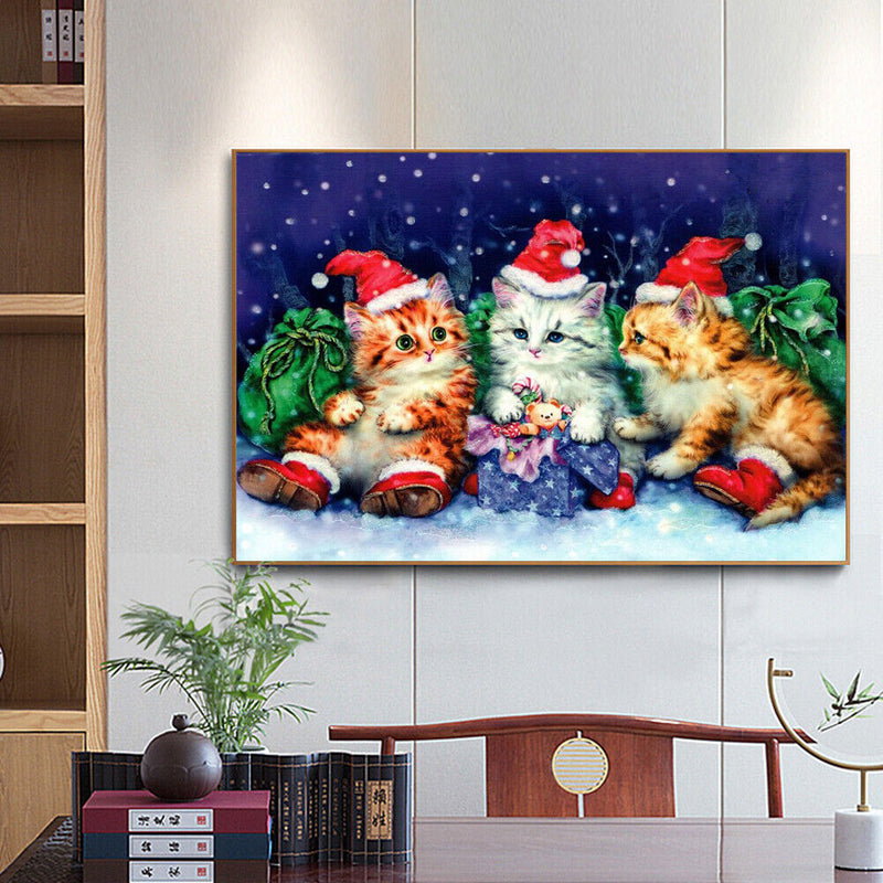 Handmade Christmas Cat 5D DIY Full Round Drill Drawing Kit Diamond Painting Gift
