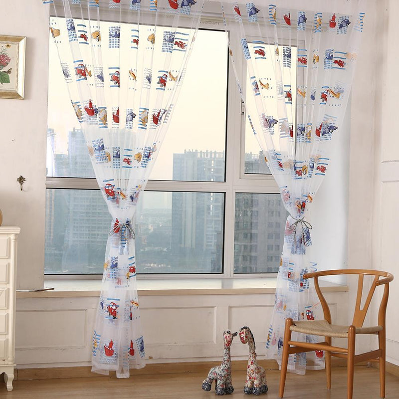 Toddler Kids Car Pattern Voile Panel Sheer Door Room Drape Window Curtains