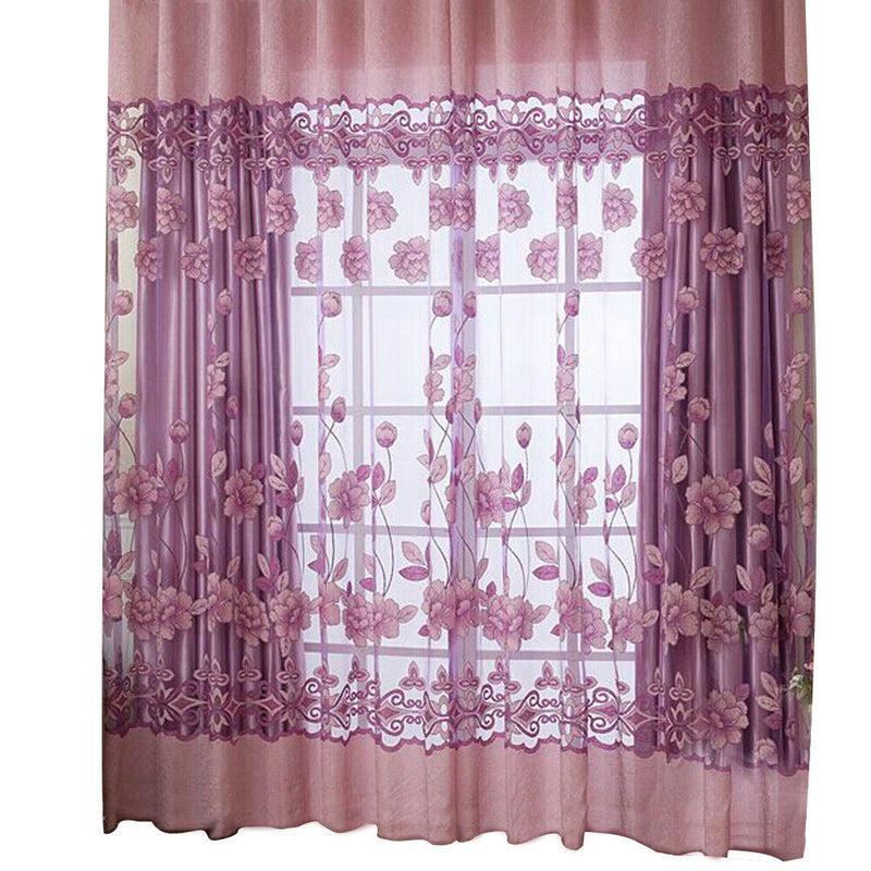 Floral Tulle Voile Window Screening Shading Window Curtain (Light Purple