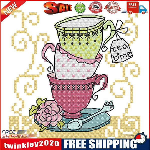 Tea Cup Partial Cross Stitch 11CT Counted Cotton Handmade Needlework Decor
