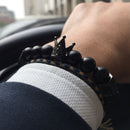 Volcanic Stone Mens Beaded Bracelet Steel Titanium Crown Bracelets Cuff Bangles