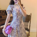 French Style Women Lady Chiffon Dresses Sexy V Neck Tunic Puff Sleeve Sundress