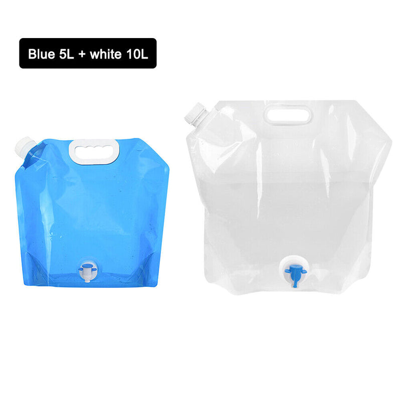 2pcs 5L+10L Collapsible Outdoor Camping Drinking Water Bag (Blue+White) Newly