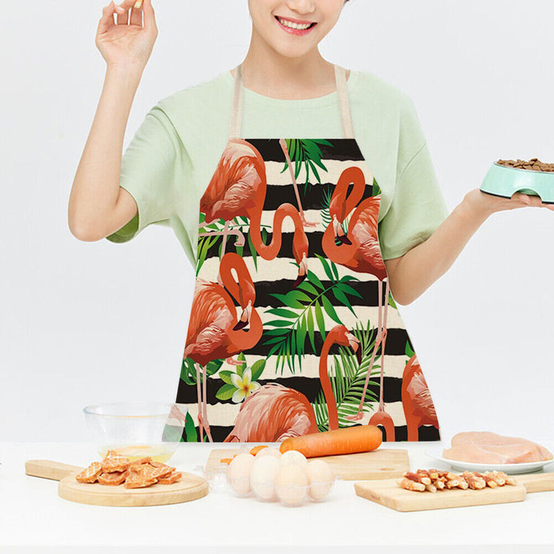 Kitchen Linen Apron Stripe Flamingo Print Home Restaurant Cooking Baking Bi