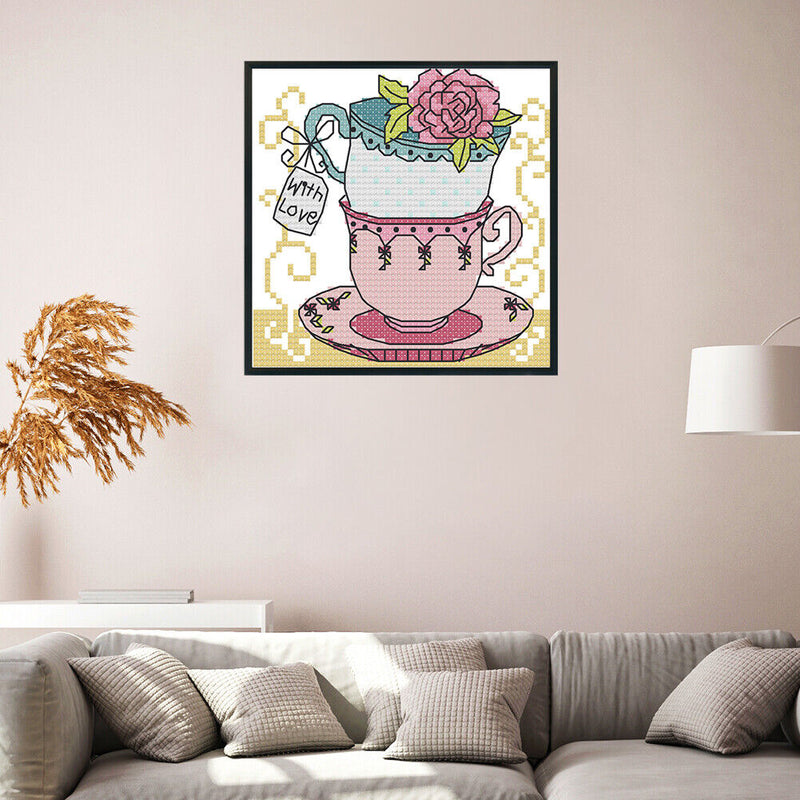 Teacup Cross Stitch Kit 14CT Stamp Embroidery DIY Needlework (J357 15x15cm)