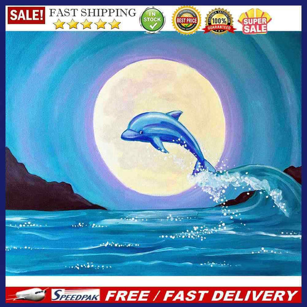 Frameless Oil Paint By Numbers DIY Moon Dolphin Picture Craft Kit for Bedroom