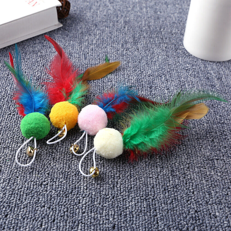 10pcs Feather Teasing Toys Cat Pompom Ball Pet Teaser Bell Sound Interactiv