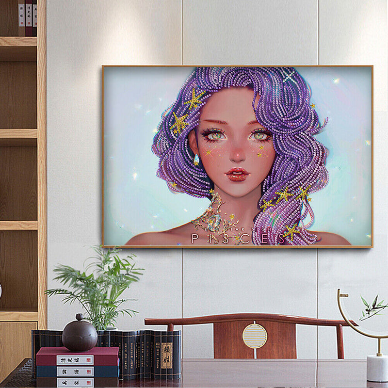 5D DIY Purple Hair Girl Special Shape Diamond Painting Rhinestone Picture