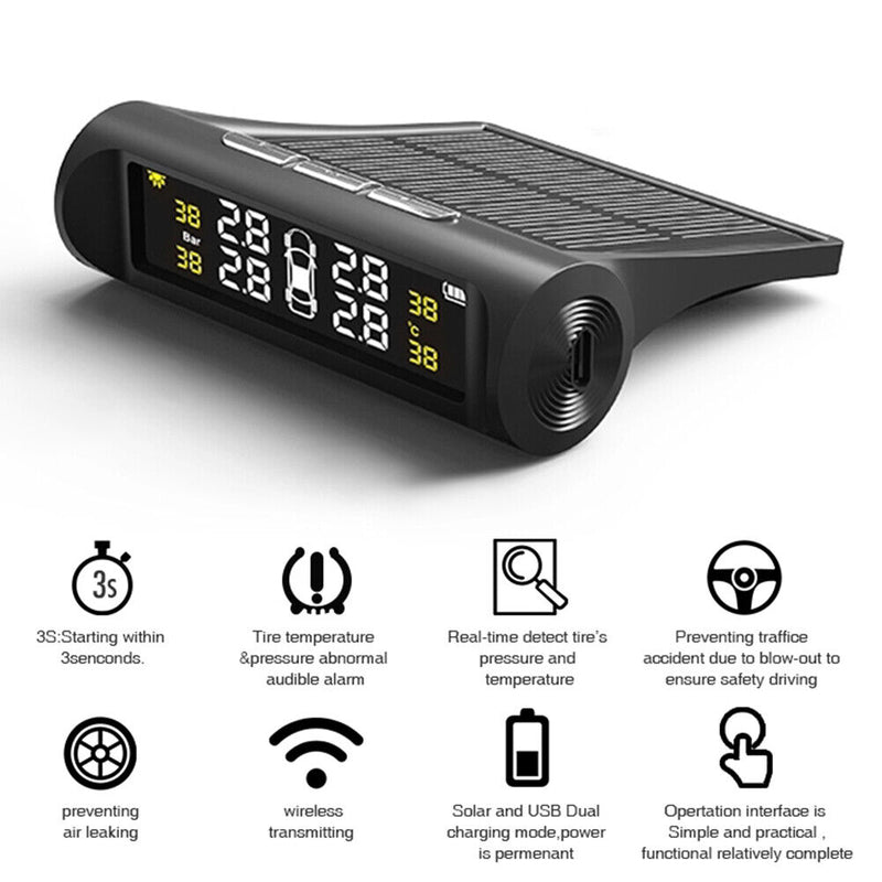 Solar Car TPMS LCD Auto Tire Tyre Pressure Monitoring System w/4 External Sensor
