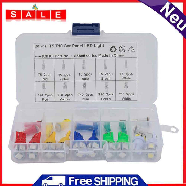 20pcs Assorted T5 T10 LED Wedge Bulbs for Car Interior Instrument Cluster Light