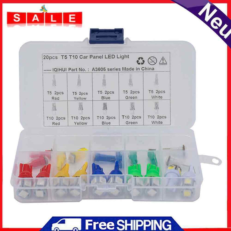 20pcs Assorted T5 T10 LED Wedge Bulbs for Car Interior Instrument Cluster Light
