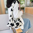 Fashion Women Winter Hit Color Flower Love Plush Shoulder Bag Large Tote Handbag