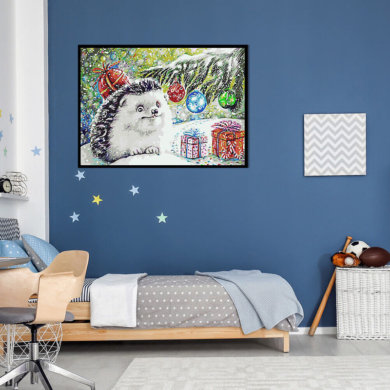 Frameless Hand Painted Picture DIY Snowing Hedgehog Painting By Numbers Craft