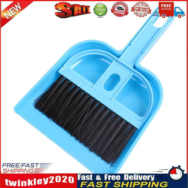 Mini Desktop Plastic Sweep Cleaning Brush Small Broom Dustpan Set (Blue) Newly