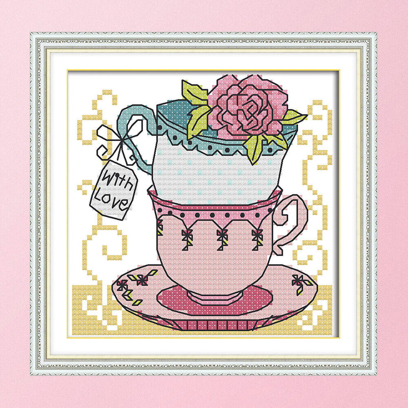 Teacup Cross Stitch Kit 14CT Stamp Embroidery DIY Needlework (J357 15x15cm)