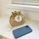 Straw Shoulder Bags Sunflower Drawstring Woven Bucket Crossbody Handbags